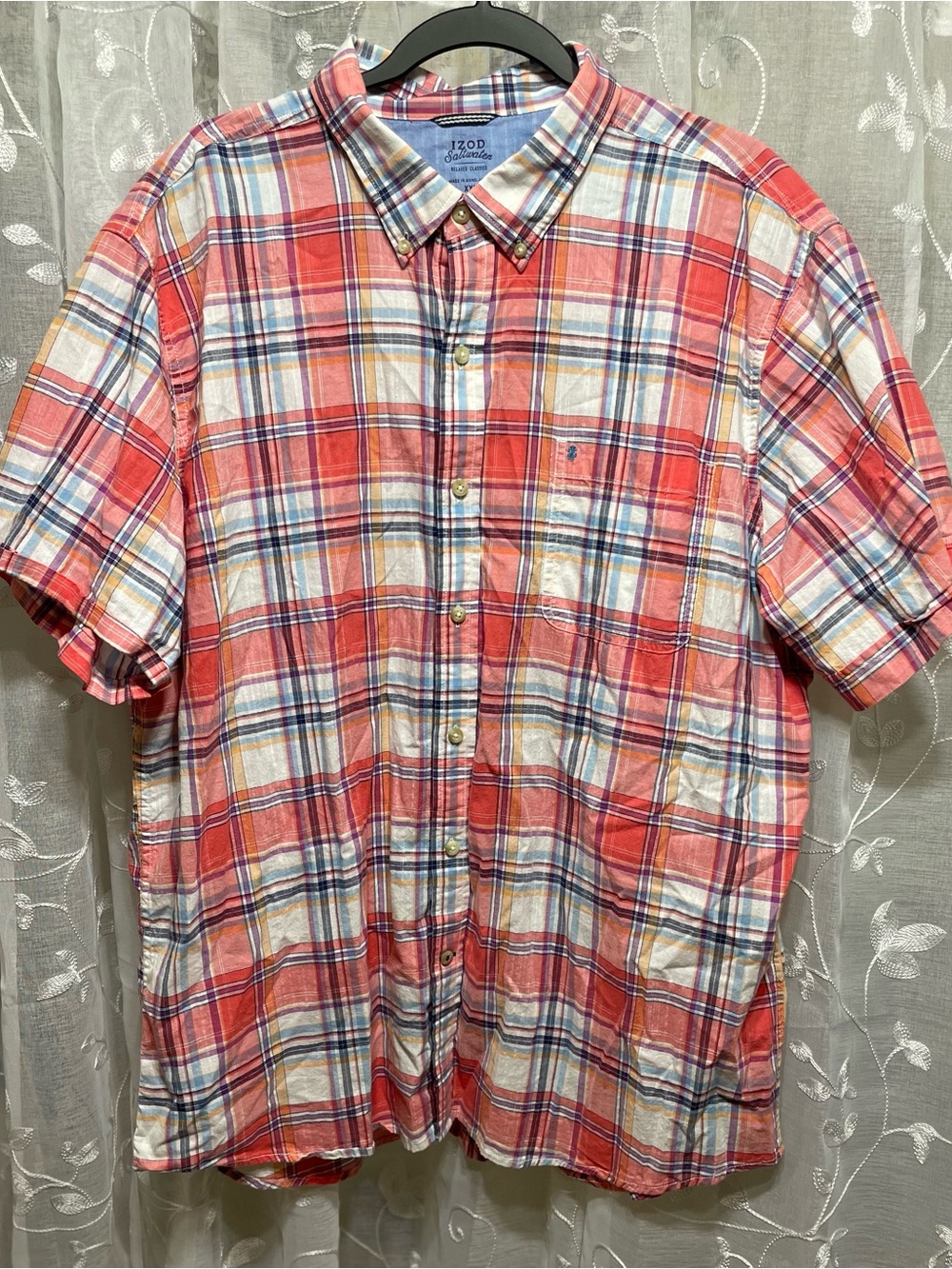 Izod Red and White Plaid Short-Sleeve Button-Down Shirt